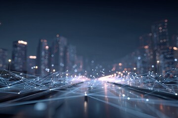 Futuristic Cityscape with Network Connections and Digital Data Representation at Night