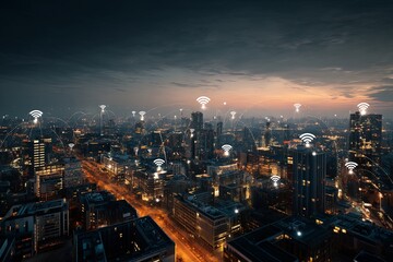 Fototapeta premium Night Cityscape with Wireless Connection Symbols Illustrating Urban Connectivity and Technology Trends