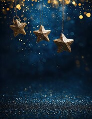 Elegant, hanging stars against a dark blue background.  Sparkling details