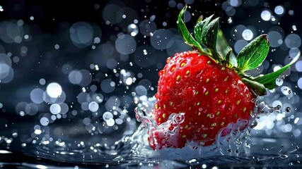 A close-up of a vibrant red strawberry being splashed with water on an elegant black background, creating a dynamic and fresh video with vibrant colors and a sense of refreshment and vitality. - Powered by Adobe