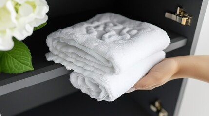 White towels neatly stacked on a dark gray cabinet shelf with a hand reaching for them