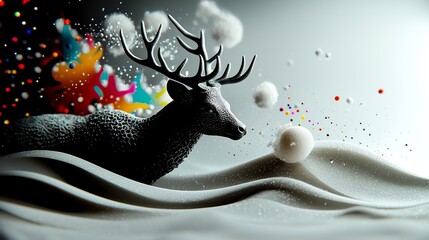 Winter Scene with Deer. Abstract design, a deer amidst wintery elements