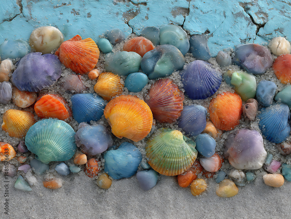 Poster a picture frame made using seashells found on the beach.