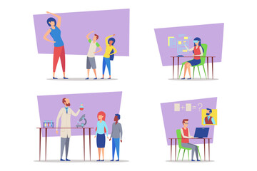 Various education-related activities with students engaging with teachers and technology. Engaging science experiments and computer classes highlighting collaborative learning