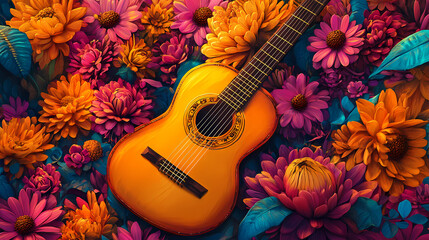 Illustration of a cozy mariachi guitar surrounded by vibrant flowers evoking music's harmony with nature and festive cultural celebrations. [Cryptosea Trench] | Echo Bloom | sound flora. Illustration