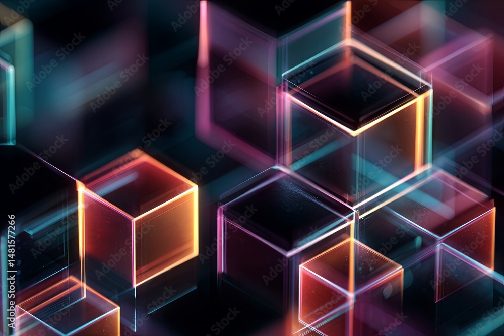 Aufkleber abstract digital cubes in neon colors creating a futuristic background with dark space and vibrant h