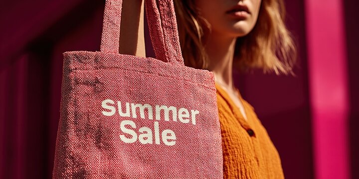 Summer Sale Shopping Tote: A stylish shopper showcases a vibrant summer sale tote bag, embodying the excitement of seasonal offers. The bag's design adds a pop of fashion to the lively scene.