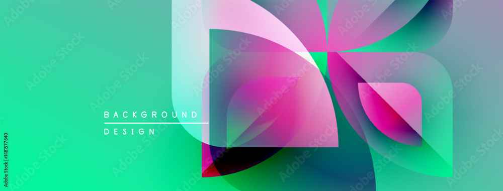 Poster Abstract geometric shapes overlap, creating vibrant color gradients. Turquoise background complements pink, purple hues. Modern design element.