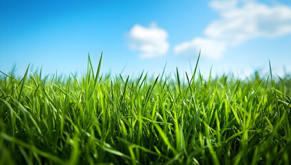 Observe Grass Grow Lushly Under Sunny Skies with Soft Clouds in Summer, Simple Green and Sky