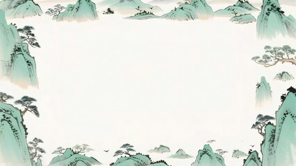 伝統的な中国の水墨画の風景と山々 アジアの芸術的な背景の絵画 ヴィンテージ風のデザイン