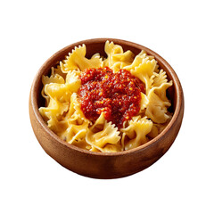 Pasta dish with sauce served in a wooden bowl. The meal is ready for consumption