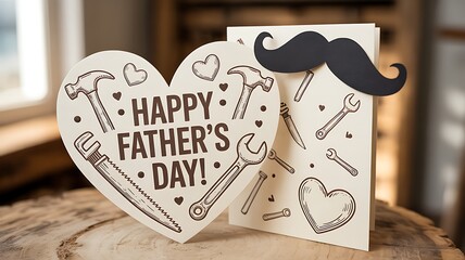 Father's day greeting card design featuring tools and a black mustache decoration on a wooden surface