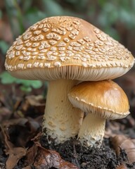 Two mushrooms on forest floor