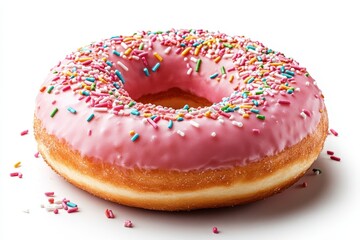 Delightful pink doughnut adorned with colorful sprinkles ready to tempt your taste buds in a bright and cheerful setting