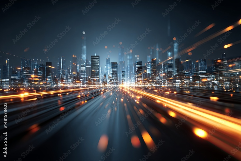 Poster abstract digital city skyline with glowing data streams and light trails in futuristic cyber environ