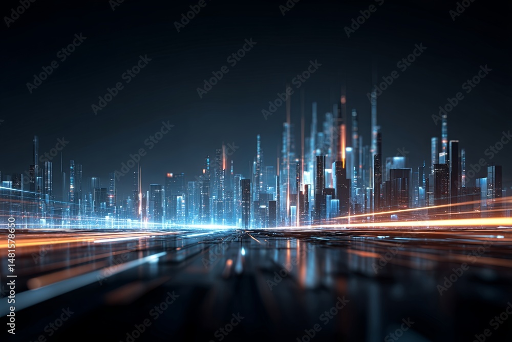 Poster abstract digital city skyline with glowing data streams and light trails in futuristic cyber environ
