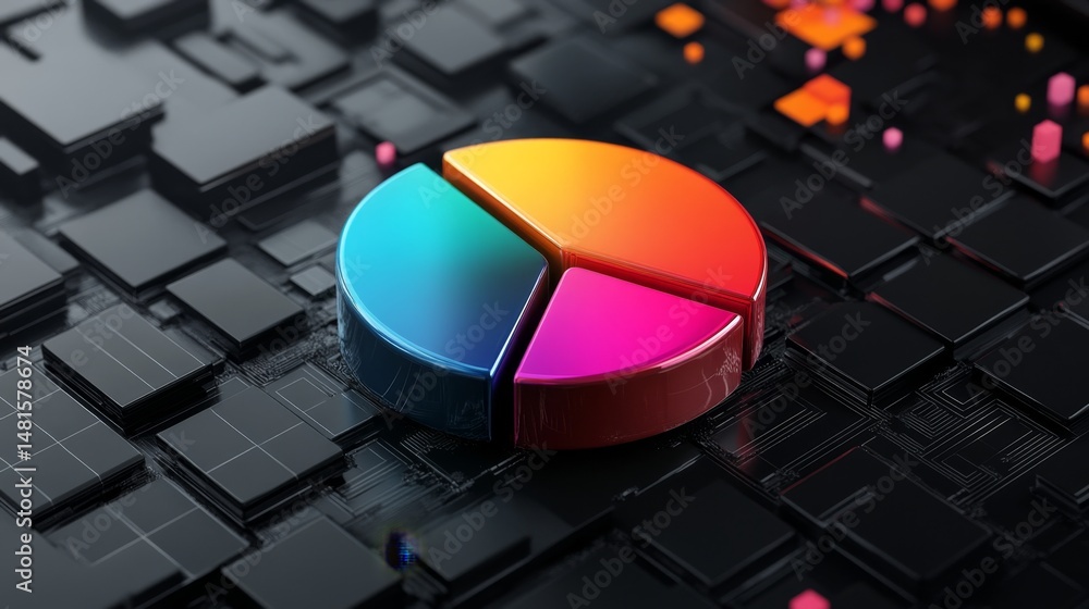 Aufkleber d pie chart with colorful glossy parts floating on dark digital surface