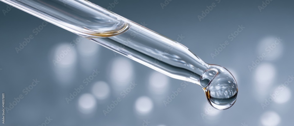 Poster a close-up of a drop of liquid forming at the tip of a pipette, with a blurred background highlighti