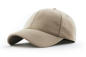 Fototapeta premium Beige baseball cap mockup with photorealistic details isolated on a clean white background for design and branding purposes