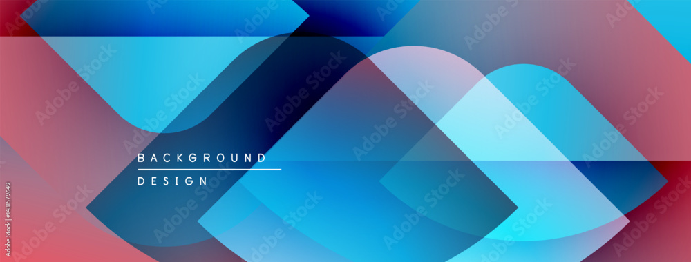 Poster abstract geometric shapes overlap. blue, purple, pink hues create modern design. background features