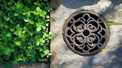 Decorative Drain Cover in Stone Path with Green Groundcover Overhead Shot Garden Park Design