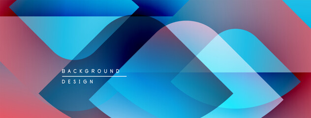 Abstract geometric shapes overlap. Blue, purple, pink hues create modern design. Background features layered squares, rectangles.