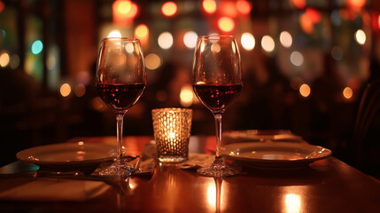 Romantic dinner for two with candlelit wine glasses, a moment of love and connection