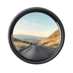 Scenic road trip view through a round mirror reflecting a winding road on transparent background
