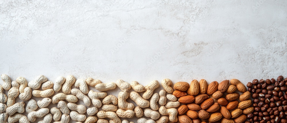 Poster assorted nuts on white textured background flat lay composition with peanuts almonds and hazelnuts f
