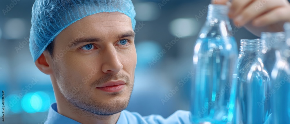 Poster a focused professional inspects transparent bottles in a modern laboratory setting, showcasing atten