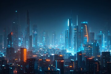 Fototapeta premium Futuristic City Skyline at Night with Glowing Lights and Digital Elements, Abstract Urban Landscape, High-Tech Urban Illustration