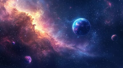 Enigmatic nebulae and celestial bodies come alive in a vibrant depiction of deep space.