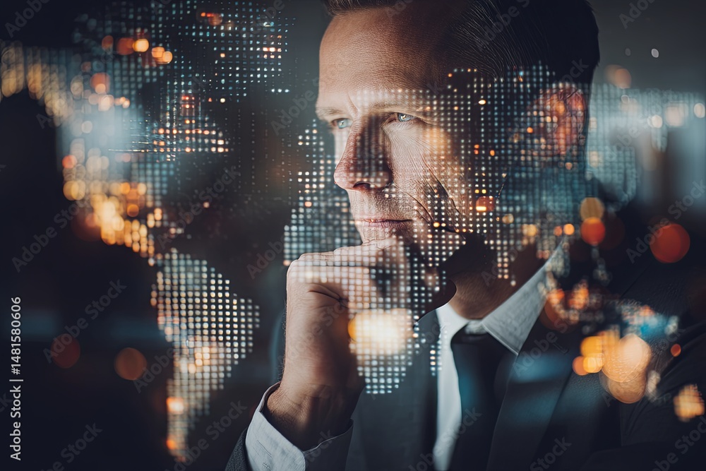 Poster introspective businessman contemplating digital transformation and technology analytics with abstrac