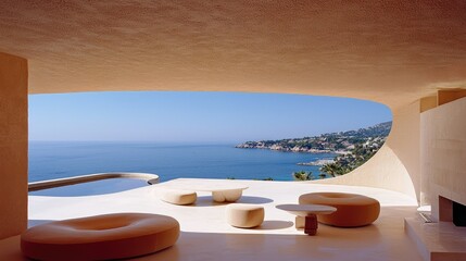 Obraz premium A modern outdoor terrace overlooking a beautiful ocean view