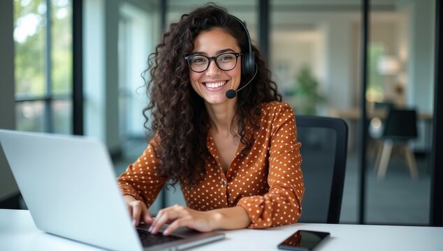 Portrait of Latin American business woman, office worker looking at camera and smiling, using headset and laptop for remote online communication, customer support tech call center worker.