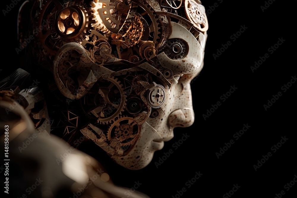 Poster abstract digital portrait of robotic head with geometric shapes and illuminated gears in the brain a