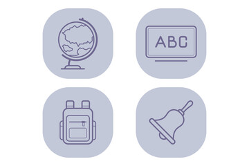 Collection of icons representing various aspects of education, such as globe, classroom board, backpack, and bell. Learning activities in schools concept