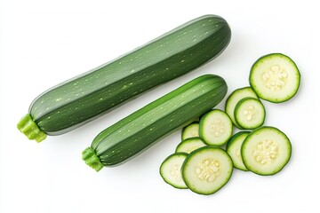 Vibrant green zucchini and fresh slices arranged beautifully against a crisp white background for culinary inspiration