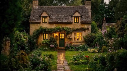 Fototapeta premium A charming cottage nestled amongst lush greenery with glowing windows