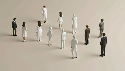 Axonometric View of Diverse People in Formal Attire Standing on Beige Background Creating an Isometric Group
