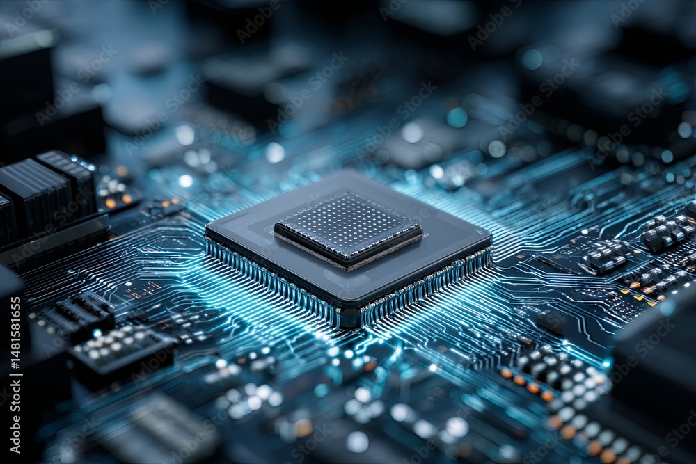 Poster futuristic concept of artificial intelligence technology with cpu chip and digital circuitry backgro
