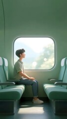 緑色の電車内で窓の外を見る若い男性 乗客席に座り旅行する日本の電車内でリラックスした表情と淡い緑色の内装が特徴