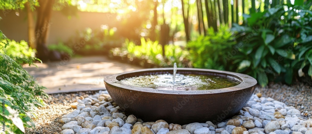 Poster serene water fountain feature in a lush garden setting with sunlight filtering through the trees cre