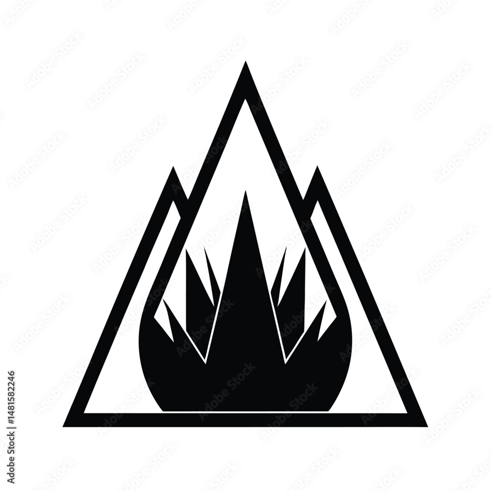 Poster abstract black and white geometric design featuring mountains and a central stylized flame element w