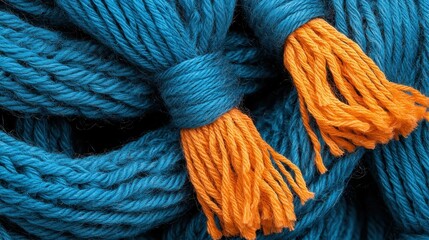 Textured Blue Rope with Orange Tassels Close Up
