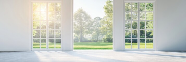 Fototapeta premium Bright modern interior expansive glass doors with inviting garden background creating a serene and minimalist living space for relaxation and contemplation