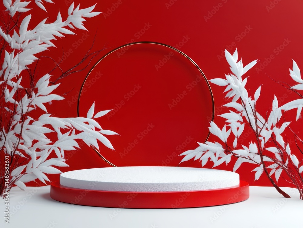 Poster minimalist product display stage with white platform and red backdrop with golden circle accent and 
