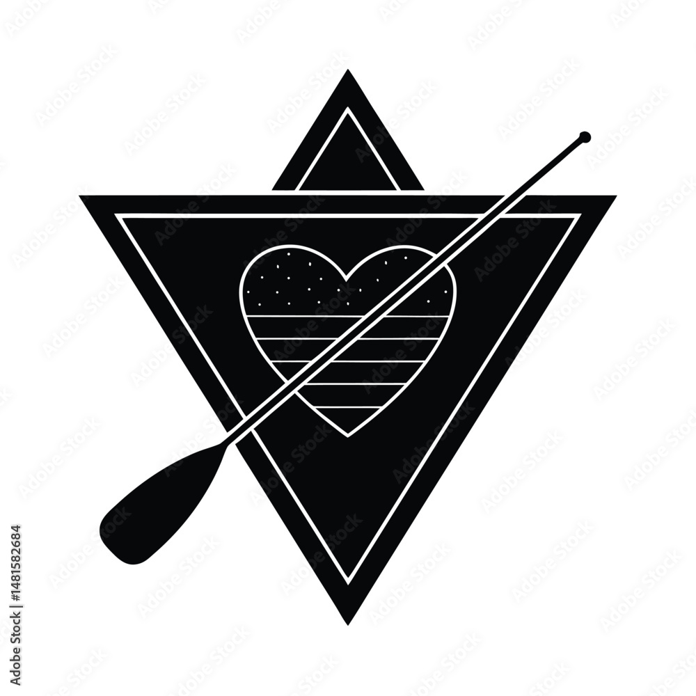 Poster artistic black and white design featuring a heart within a triangle with an oar concept illustrating