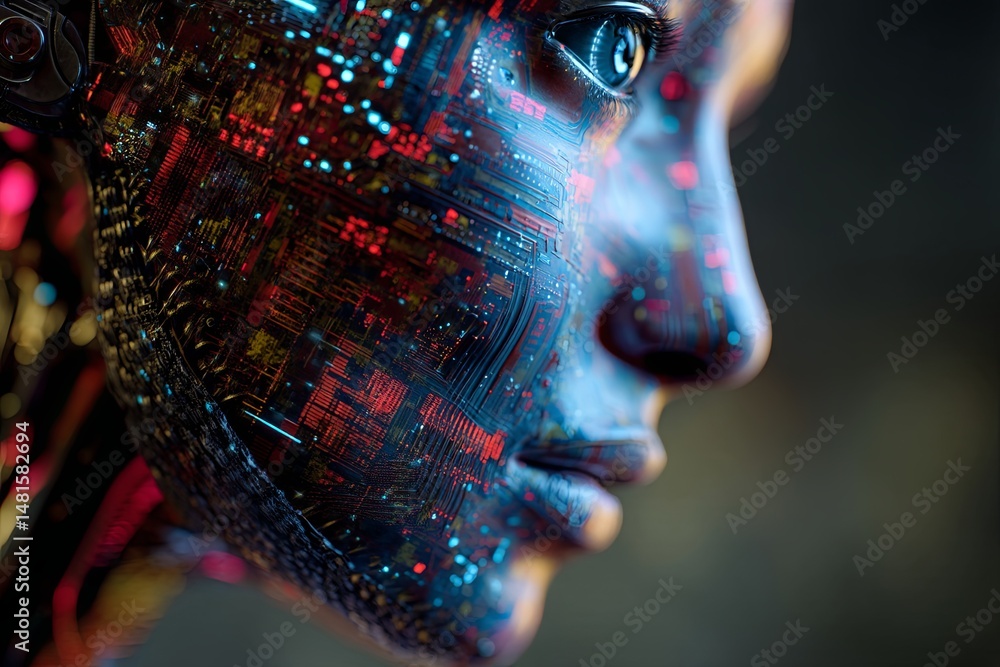 Poster futuristic humanoid silhouette with vibrant colors and digital interfaces representing artificial in