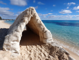 a makeshift beach awning made from recycled old tents.